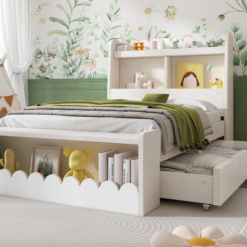 Pojedyncze łóżko drewniane 90x200cm - z 2 szufladami i półkami - Białe (materac nie wchodzi w skład zestawu)