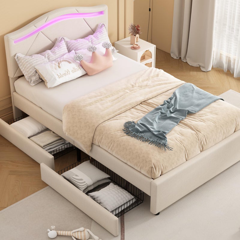 Łóżko dla dorosłych 90x200cm z tkaniny lnianej - z diodami LED i 2 szufladami - Beżowy