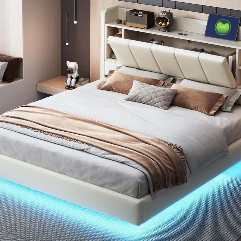 Lniane łóżko tapicerowane 160x200 cm - z wtyczką USB + LED - z metalową podstawą - Beżowy