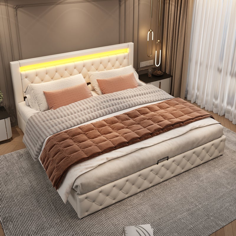 Łóżko tapicerowane z imitacji skóry z diodami LED - 180x200cm - z podstawą z listew - Biały