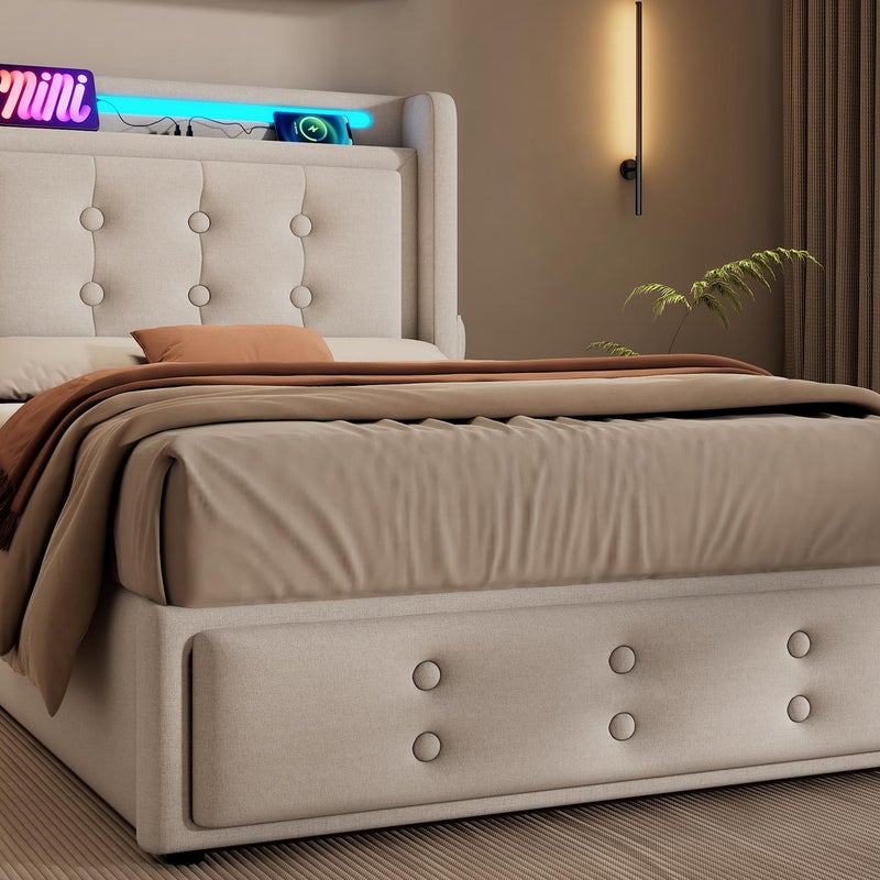Łóżko skrzyniowe 90x200cm z tkaniny lnianej - z diodami LED i portami ładowania - Beżowe