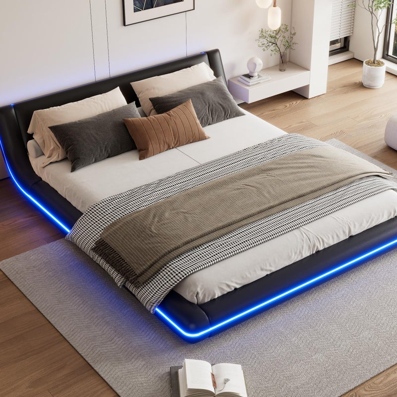 Łóżko dla dorosłych 160x200cm z LED - Skóra PU - Czarny