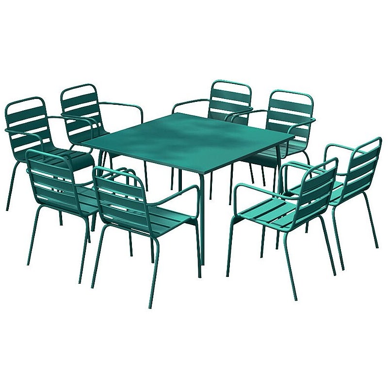 Zestaw mebli jadalnianych ogrodowych z metalu - stół o dł. 120 cm i 8 sztaplowanych foteli - Błękit morski - MIRMANDE marki MYLIA