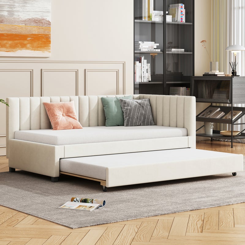 Łóżko pojedyncze 90x200 cm z łóżkiem wysuwanym - tapicerowane aksamitem z listwową podstawą - Beżowy