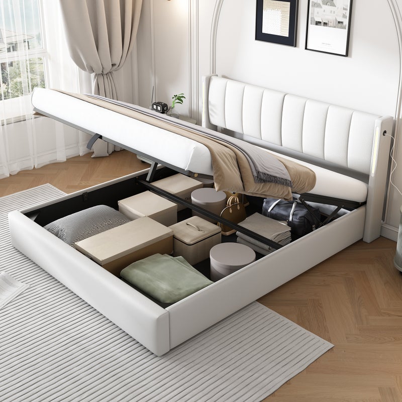 Tapicerowane łóżko skrzyniowe z imitacji skóry - 140x200 cm - z portem USB i diodą LED - zagłówek o regulowanym kącie nachylenia - Biały