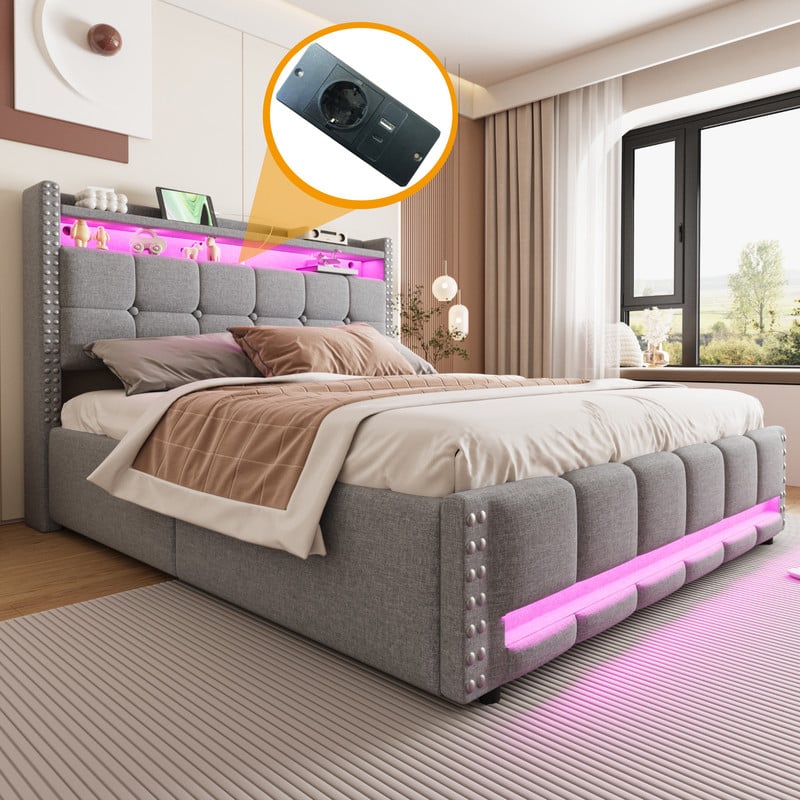 Łóżko tapicerowane ze schowkiem 160x200 cm - z oświetleniem LED + wejście USB - z półkami - len - szare (materac nie jest zawarty w zestawie)