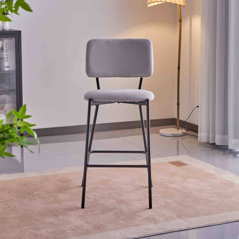 Zestaw 4 wysokich stołków, drewniane siedzisko, jasnoszara tkanina, czarne nogi