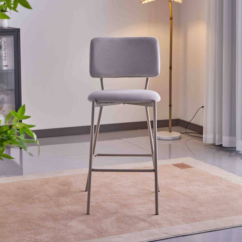 Zestaw 4 wysokich stołków, drewno i jasnoszara tapicerka, kremowe metalowe nogi