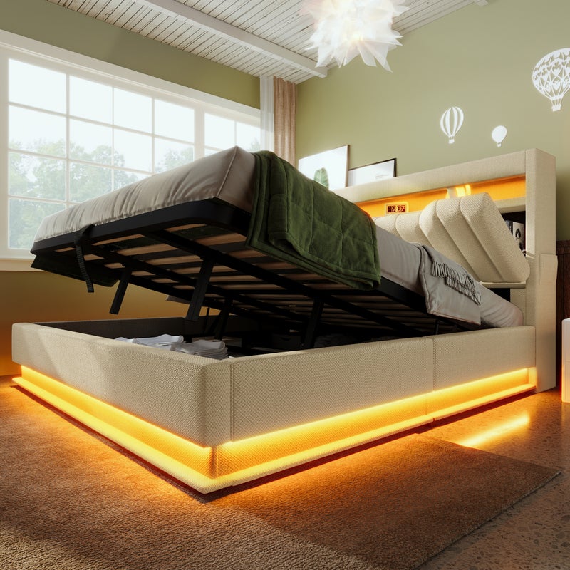 Łóżko tapicerowane ze schowkiem 160x200cm - z LED - z portami USB i Type-C - Tkanina lniana - zagłówek z miejscem do przechowywania - Beżowe