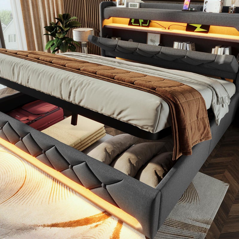 Łóżko tapicerowane z miejscem do przechowywania 140x200 cm - z oświetleniem LED i portami ładowania USB - tkanina lniana - Szare