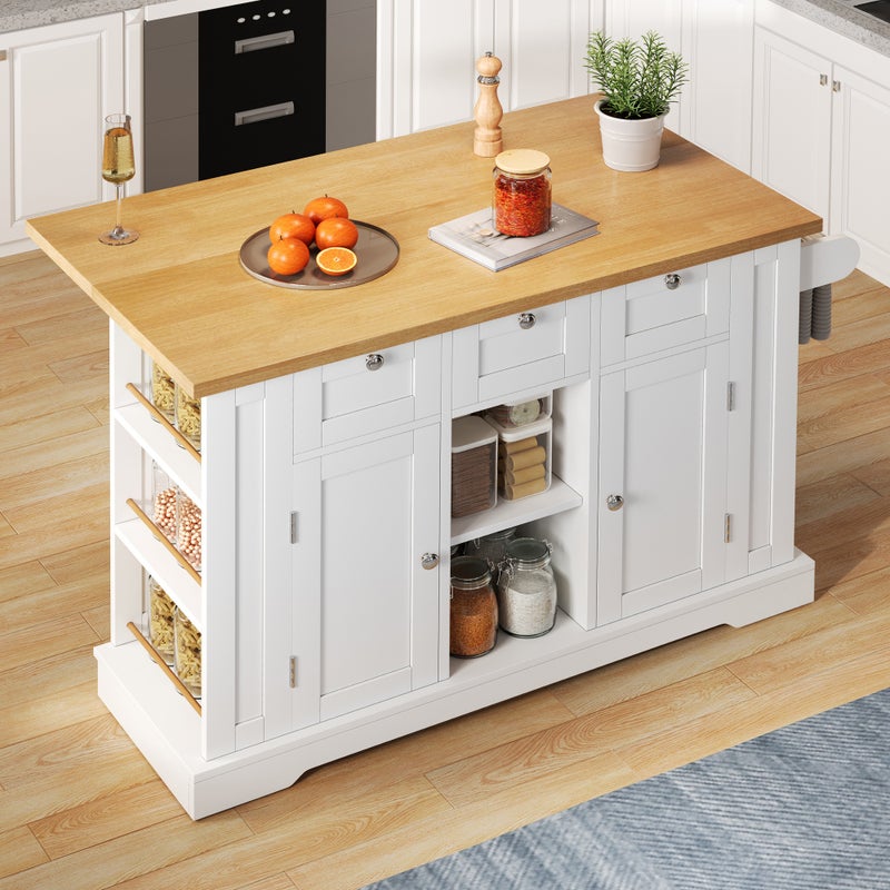 Mobilna wyspa kuchenna - z USB - rozkładany blat - 3 szuflady i 2 drzwi - z wieszakiem na ręczniki - MDF - biała