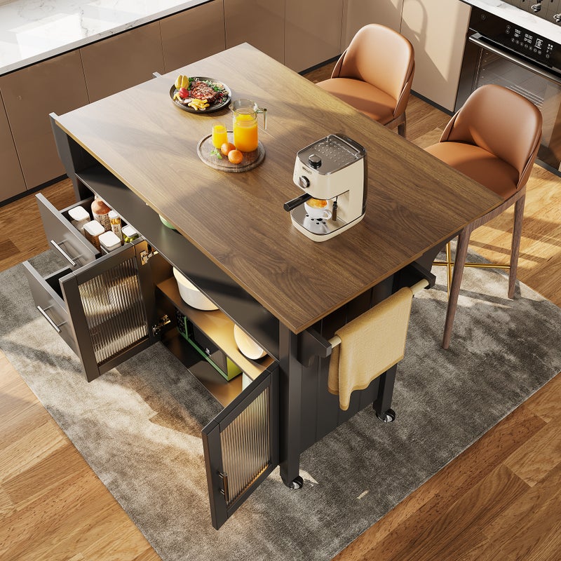 Mobilna wyspa kuchenna - rozkładany blat - z oświetleniem LED - 2 szuflady i 2 drzwi - z wieszakiem na ręczniki - MDF - czarny + naturalny