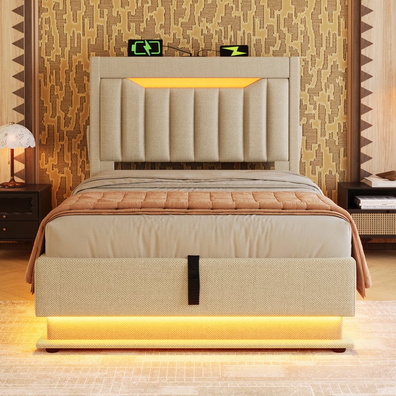 Łóżko tapicerowane ze schowkiem 90x200cm - z LED - z portami USB i Type-C - Tkanina lniana - zagłówek z miejscem do przechowywania - Beżowe
