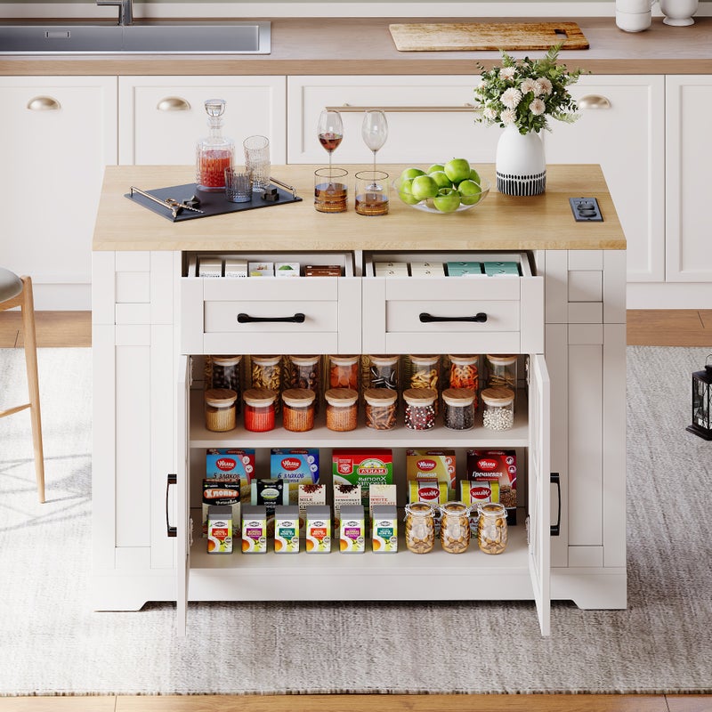 Mobilna wyspa kuchenna - z USB - rozkładany blat - 2 szuflady i 2 drzwi - MDF - biała