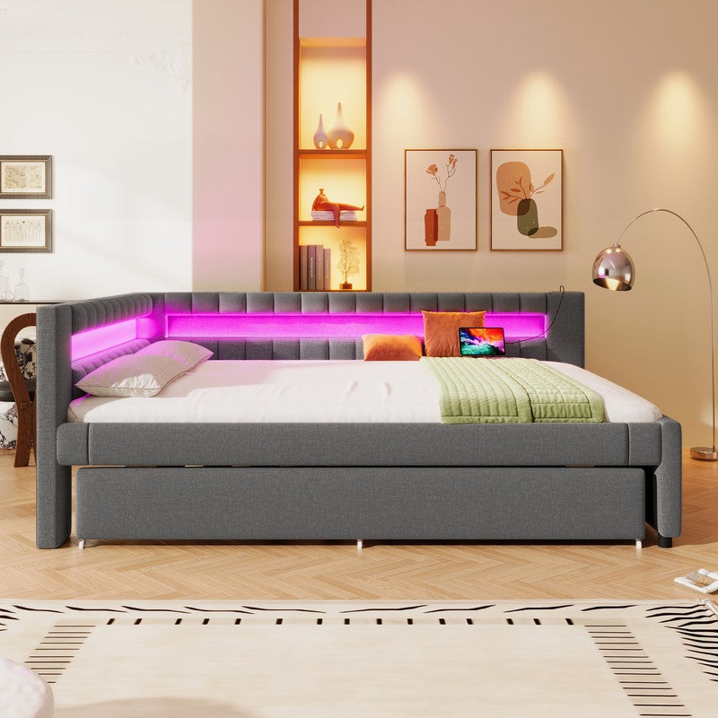Łóżko tapicerowane 140x200 cm - z oświetleniem LED - z pojemnikiem na pościel - z USB + TYPE-C - pościel - szary (materac nie wchodzi w skład zestawu)