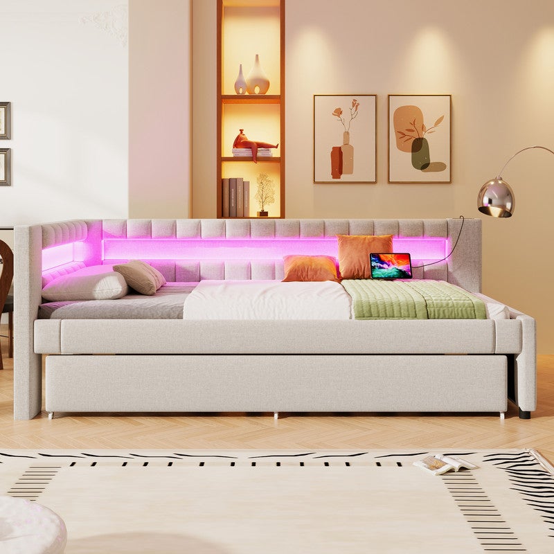 Łóżko tapicerowane 90x200 cm - z oświetleniem LED - z pojemnikiem na pościel - z USB + TYPE-C - pościel - beżowy (materac nie wchodzi w skład zestawu)