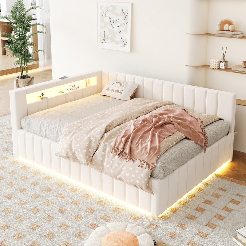 Sofa-łóżko 140x200cm - z oświetleniem LED i ładowaniem USB - Velvet - Beżowy (bez materaca)