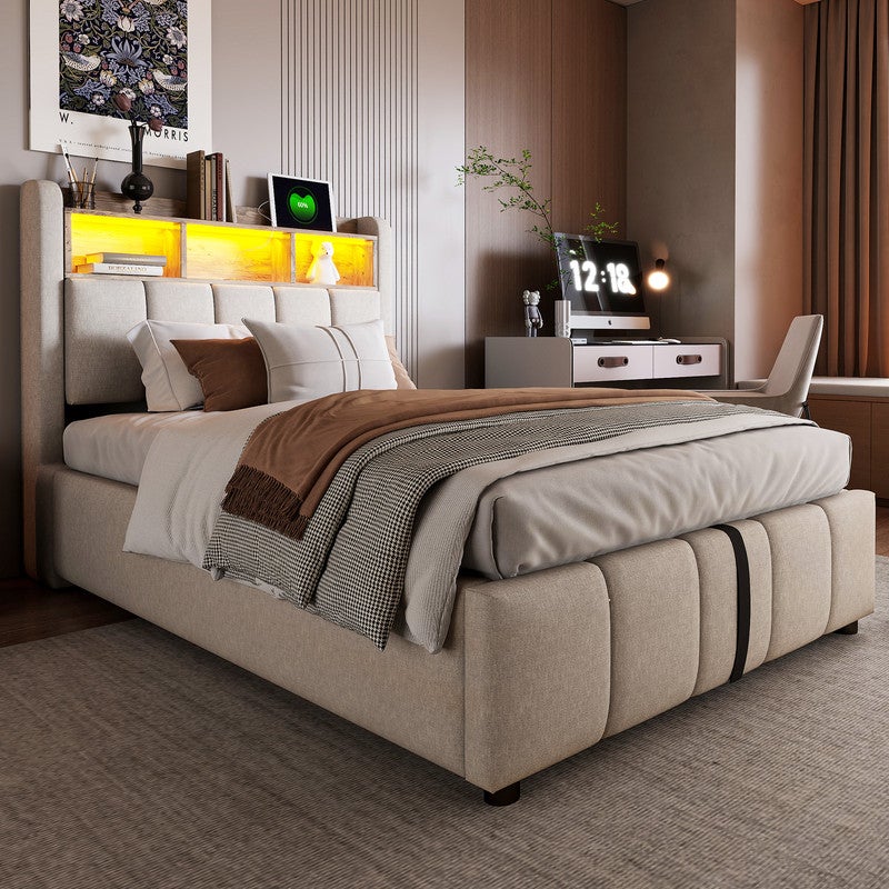 Tapicerowane łóżko skrzyniowe 90x200cm - z oświetleniem LED + port USB - Pościel - Beżowy (bez materaca)