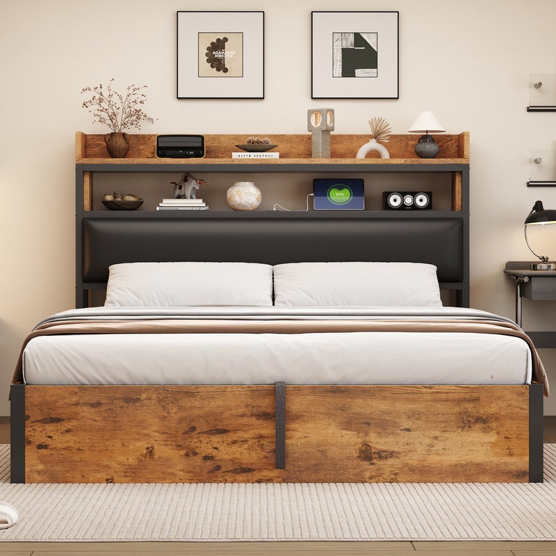 Łóżko do przechowywania 180x200 cm - z portem USB i półkami - czarne (materac nie wchodzi w skład zestawu)