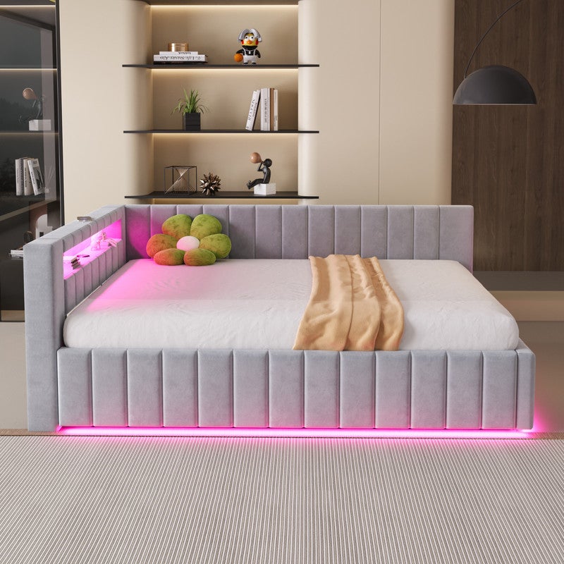 Sofa-łóżko 140x200cm - z oświetleniem LED i ładowaniem USB - Velvet - Szary (bez materaca)