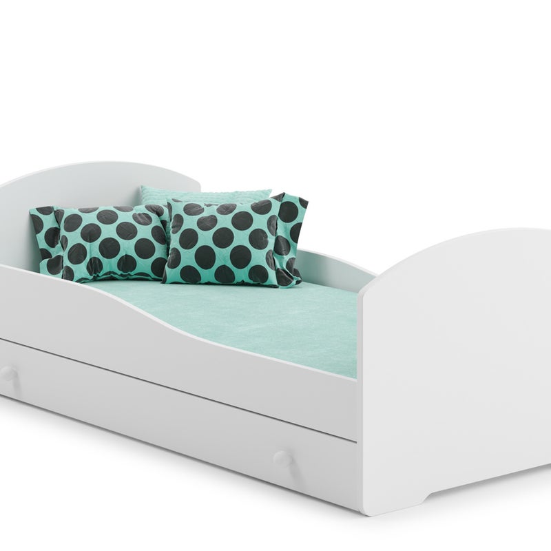 Łóżko Wysuwane Białe w Stylu Skandynawskim z Wzorem 140x70 cm – W Zestawie Szuflada, Materac Piankowy, Stelaż i Pełna Konstrukcja