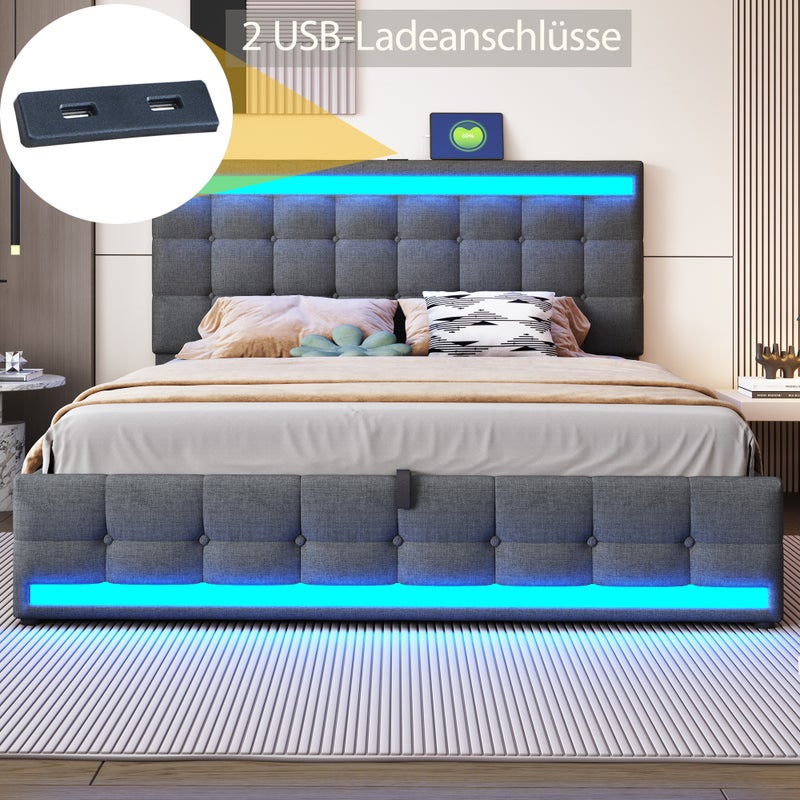 Tapicerowane łóżko skrzyniowe 180x200cm - Z portem USB - Z listwą oświetleniową LED - Pościel - Szary (bez materaca)