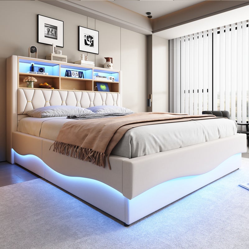Łóżko skrzyniowe 180x200 cm - z oświetleniem LED - z portem USB do ładowania - pościel - beżowe (bez materaca)