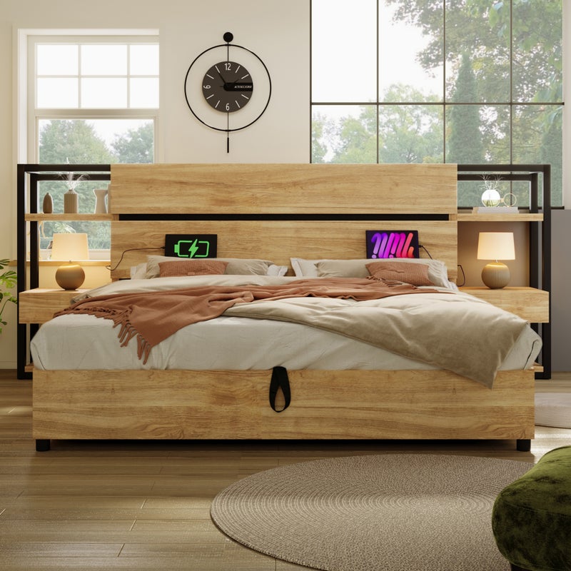 Łóżko skrzyniowe dla dorosłych 180x200 cm z drewna - z portem USB i portem ładowania typu C - z 2 szufladami - z listwową podstawą - Naturalne