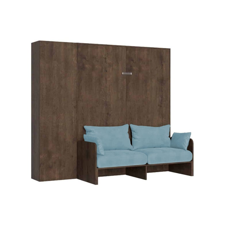 Kentaro 160 cm rozkładane łóżko podwójne z sofą i orzechową kolumną, jasnoniebieski