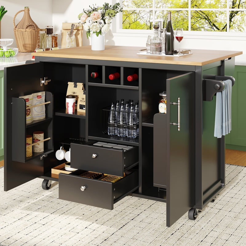 Mobilna wyspa kuchenna 137,9x73x92,5 cm - 2 szuflady i 2 drzwi - wysuwany blat - czarna