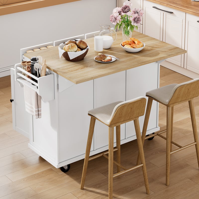 Mobilna wyspa kuchenna 126x46,8x94,2 cm - na kółkach - 3 szuflady i 3 drzwi - wysuwany blat - z relingiem na ręczniki - biała