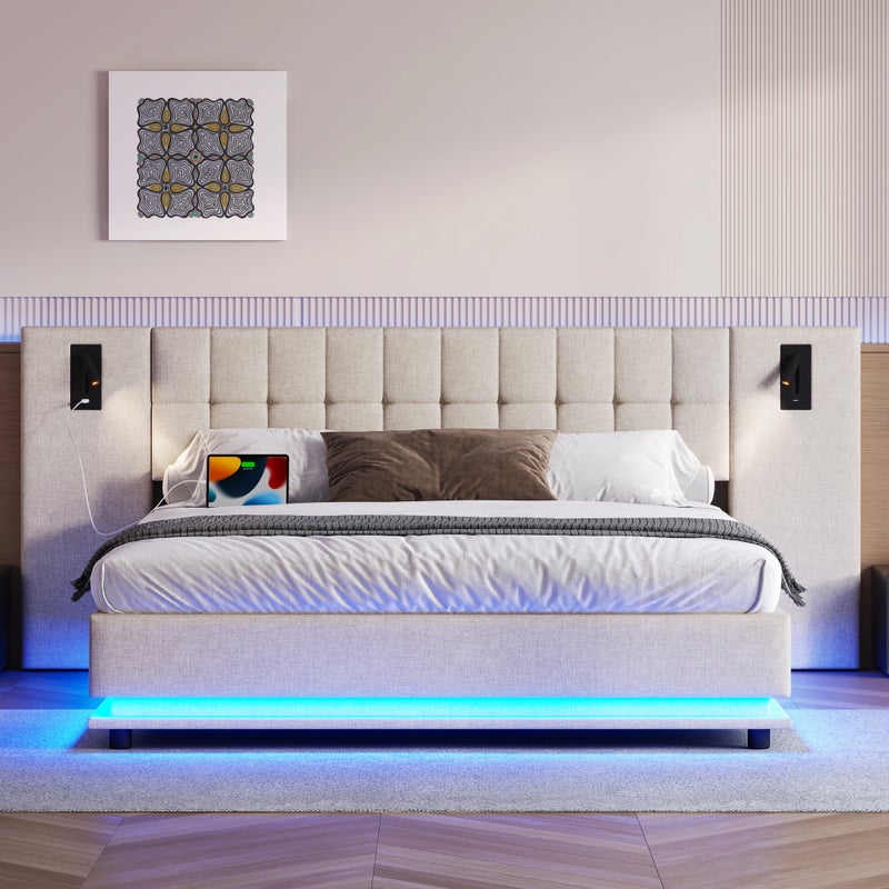 Łóżko tapicerowane dwuosobowe 180x200 cm - z listwą świetlną LED - zagłówek z oświetleniem punktowym - z portem USB - len - beżowe (bez materaca)