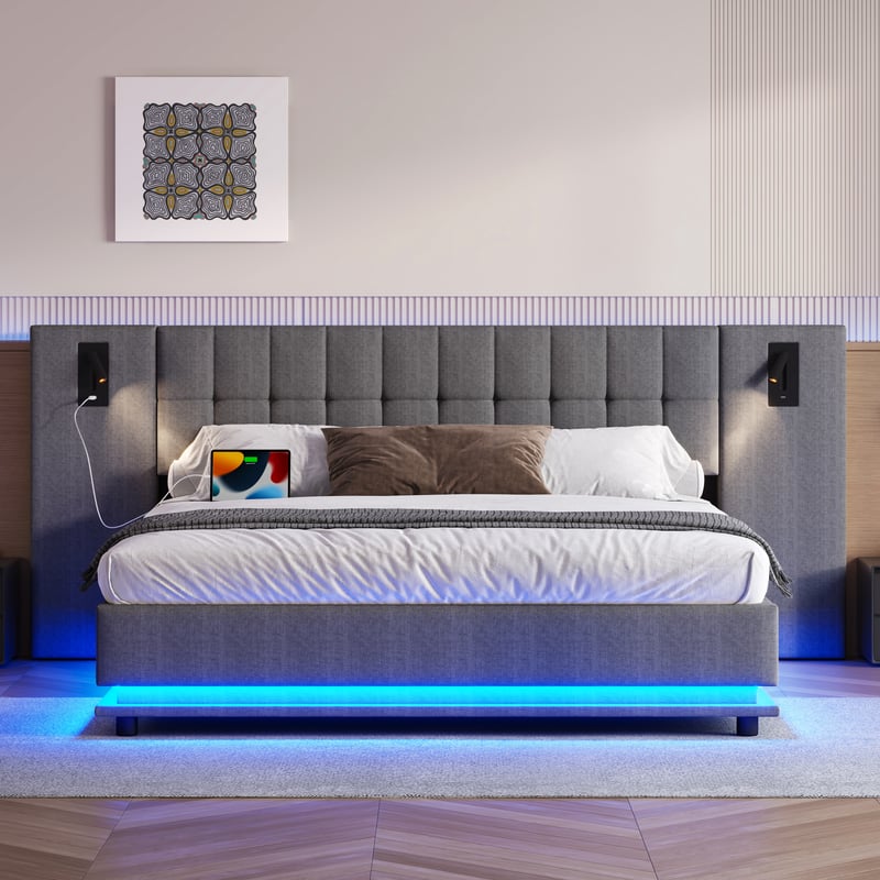 Łóżko tapicerowane dwuosobowe 180x200 cm - z listwą świetlną LED - zagłówek z oświetleniem punktowym - z portem USB - len - szare (bez materaca)