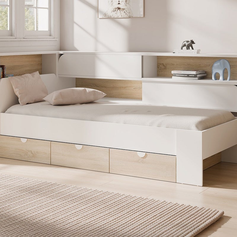 Łóżko 90 x 190 cm z ze skrzynią - Kolor: Biały i naturalny + Stelaż + Materac - TAMADU