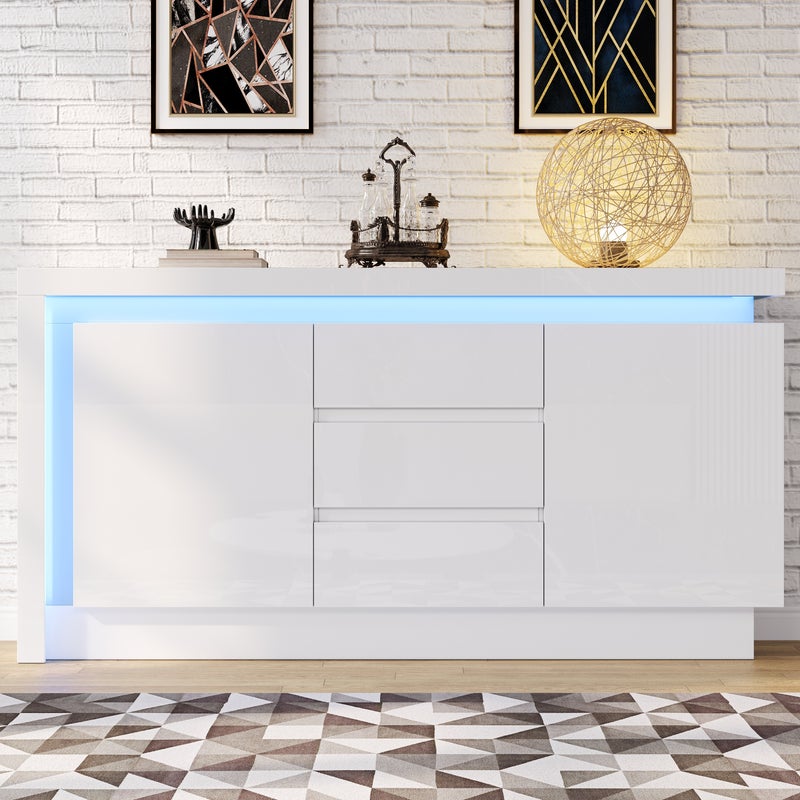 Komoda połysk 140 x 35 x 72 cm - 2 drzwi i 3 szuflady - z oświetleniem LED - z regulowanymi półkami - biała