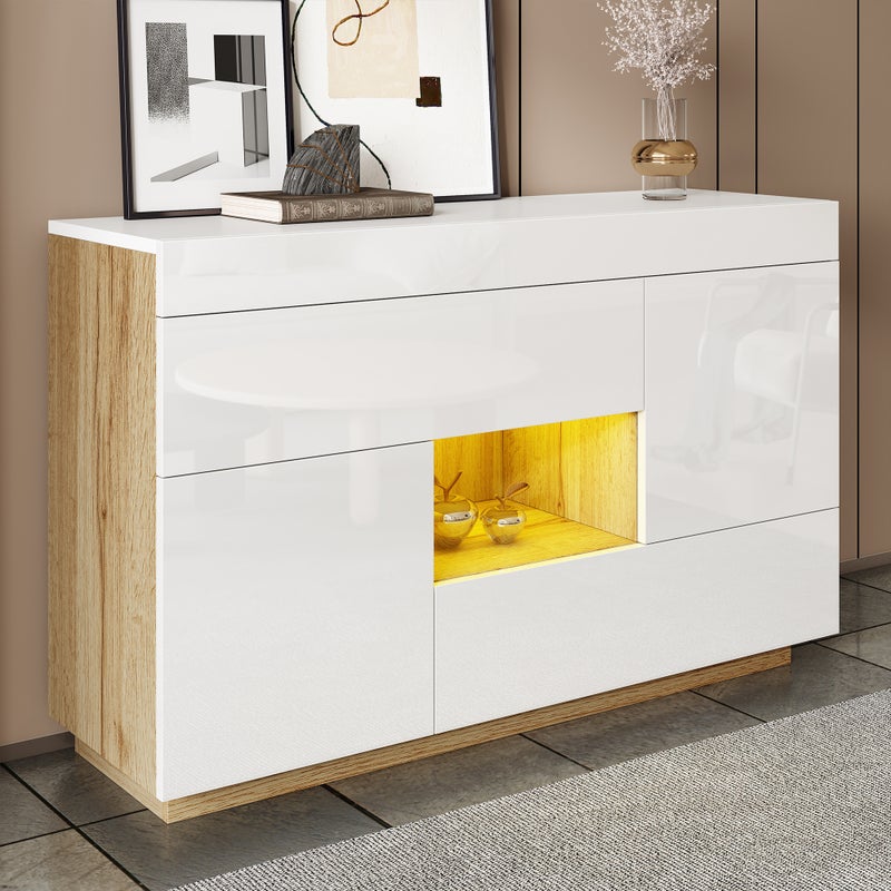 Komoda w połysku 120x37x76,5 cm - Oświetlenie LED - 2 szuflady i 2 drzwi - Otwarte półki - Biały + Naturalny
