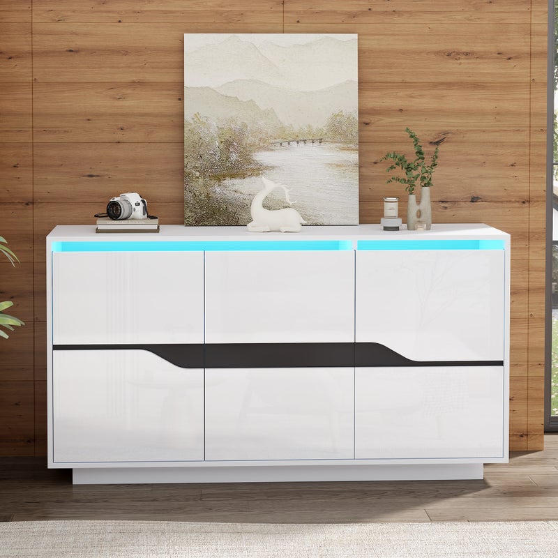 Komoda połysk 140 x 40 x 76 cm - 3 drzwi - z oświetleniem LED - z regulowanymi półkami - płyta wiórowa - biały + czarny