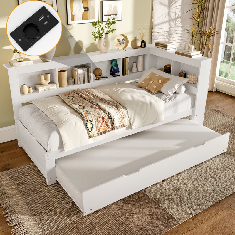 Sofa rozkładana 90 x 200 cm - z łóżkiem wysuwanym - z gniazdkiem elektrycznym + 2 portami USB - łóżko z stelażem - biały