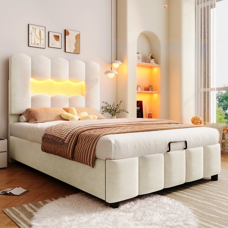 Łóżko tapicerowane z pojemnikiem 90 x 200 cm - z oświetleniem LED - regulowany zagłówek - aksamitne - beżowe (materac nie jest wliczony w cenę)