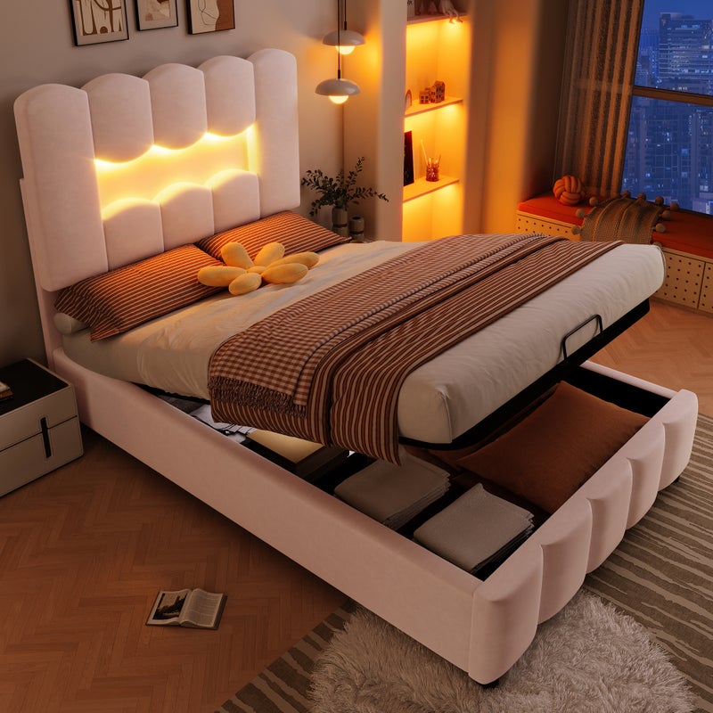 Łóżko tapicerowane z pojemnikiem 90 x 200 cm - z oświetleniem LED - regulowany zagłówek - aksamitne - różowe (materac nie jest wliczony w cenę)