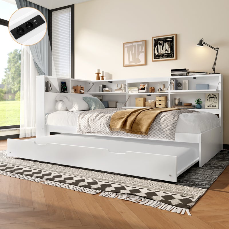 Daybed kanapa-łóżko 90x200 cm - Głowa łóżka z szafką - Rozciągalne - Drewno sosnowe - Biały - Bez materaca