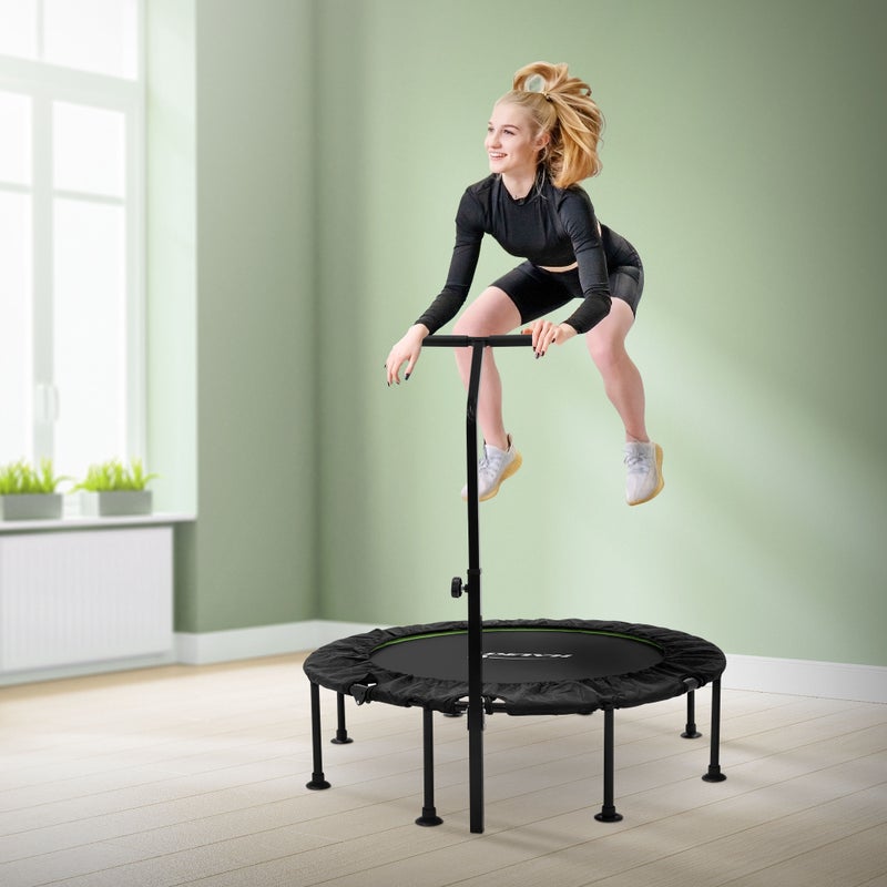 Hauki trampolina fitness mini Ø122 cm zielona składana cicha z regulowanym uchwytem bungee do ćwiczeń w domu dla dorosłych wytrzymała treningowa
