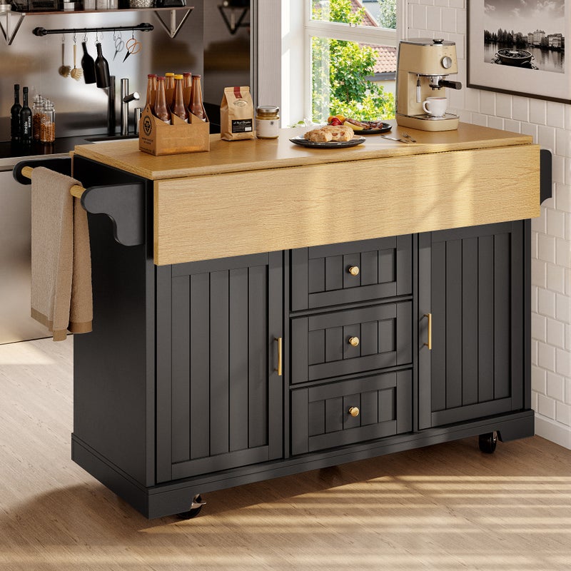 Mobilna wyspa kuchenna - Wysuwany blat - 2 drzwi i 3 szuflady - Otwarte półki - z wieszakiem na ręczniki - MDF - Czarny