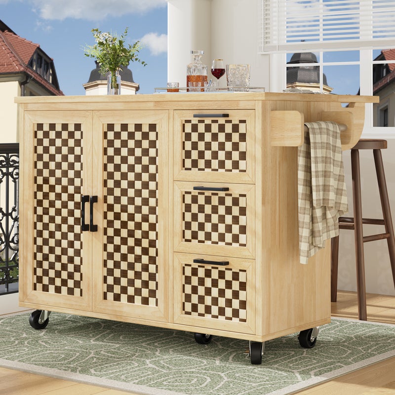 Mobilna wyspa kuchenna - Rozkładany blat - 120x45x92cm - 2 drzwi - z wieszakiem na ręczniki - MDF - dekoracja kratkowa - Naturalna