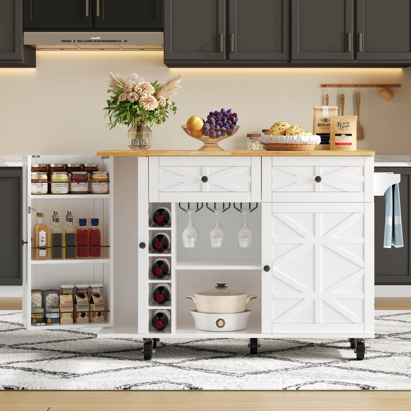 Mobilna wyspa kuchenna - rozkładany blat - z wieszakiem na wino i ręczniki - z 2 szufladami i 2 drzwiami - MDF - biała