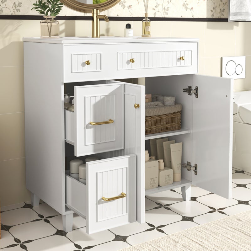 Szafka łazienkowa z pojedynczą umywalką, 2 szufladami i 2 drzwiami - 81,7 x 46,8 x 90 cm - MDF + ceramika - biała