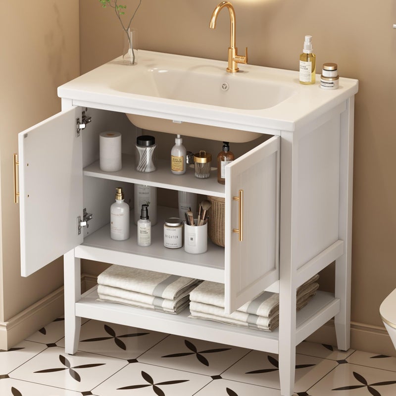 Szafka łazienkowa z umywalką ceramiczną - 2 drzwi - biała (bez kranu)