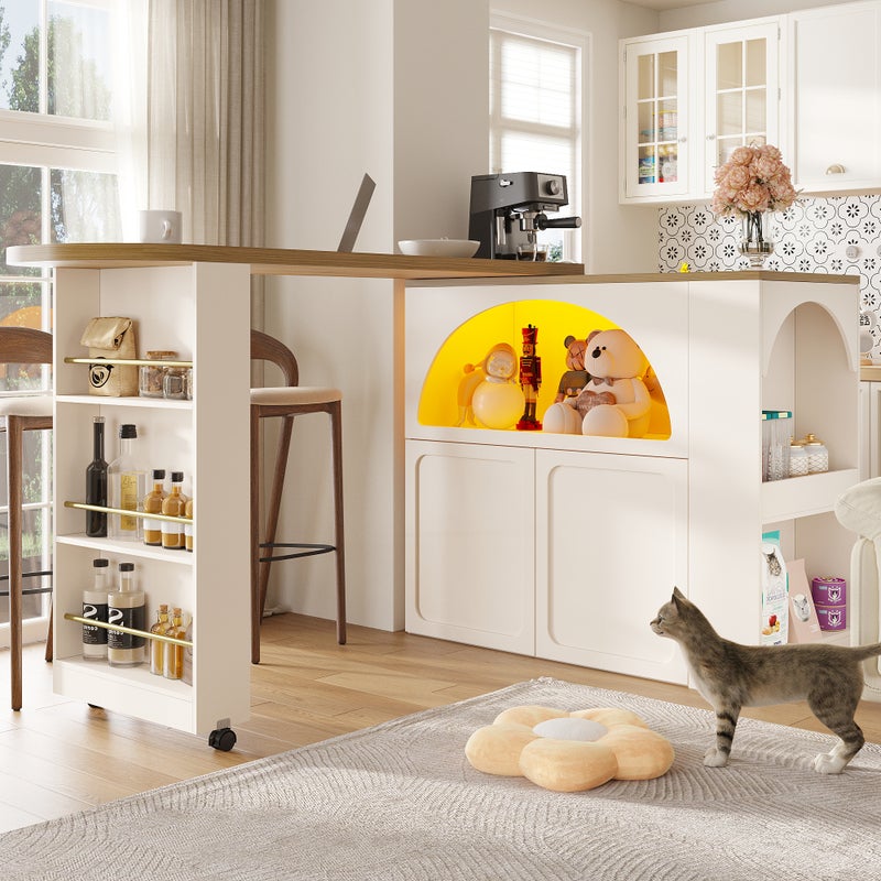 Rozkładana szafka kuchenna barowa - obrotowa o 360° - 203x39x100 cm - 2 drzwi - z bocznymi półkami - biała