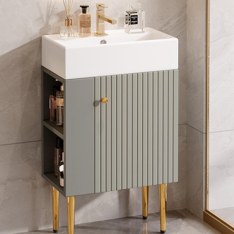 Szafka łazienkowa z umywalką ceramiczną - z 1 drzwiami i 2 otwartymi półkami - 4 metalowe nogi - szara (kran nie jest dołączony)