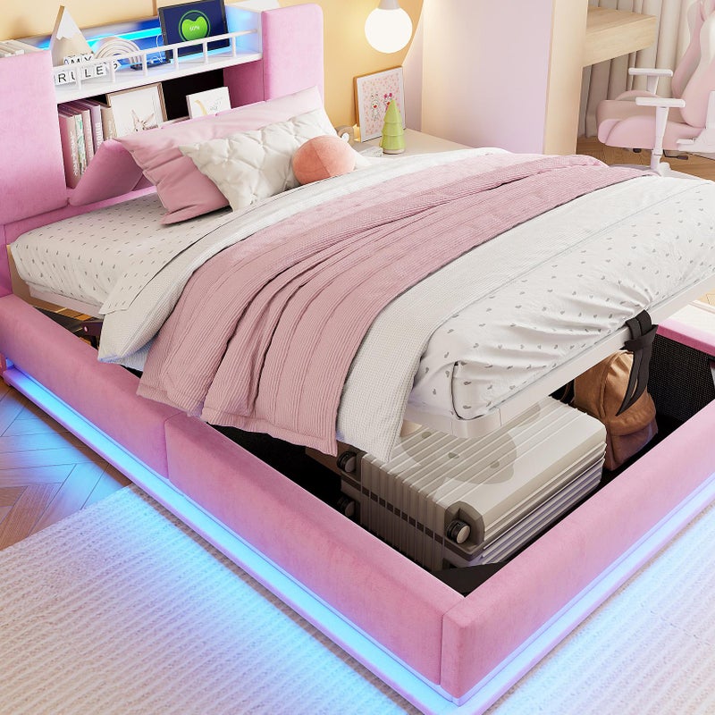 Łóżko tapicerowane ze schowkiem 90x200 cm - z oświetleniem LED - z portem USB - welur - różowy (materac nie jest wliczony w cenę)